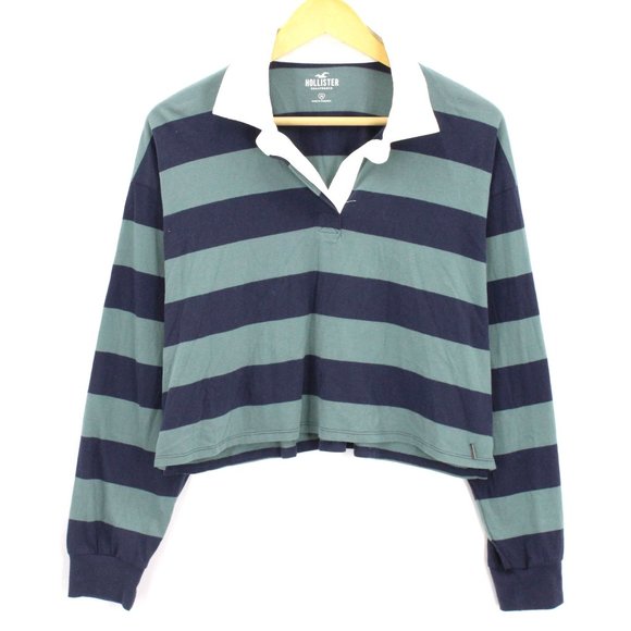 Hollister Polo Shirt Women's Casual Multicolor Striped Long Sleeve Cropped SZ M - Picture 1 of 7